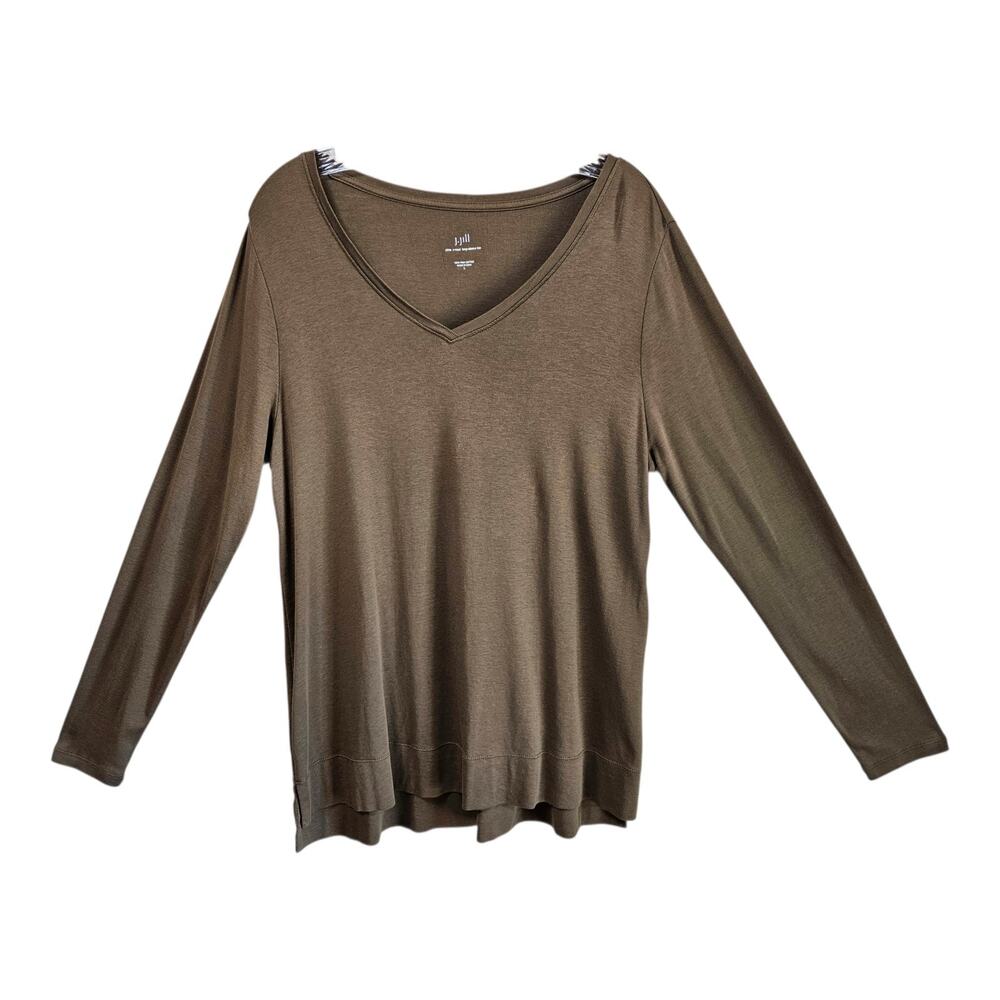 J JILL Women's L Tunic Top V-Neck Olive Brown Long Sleeve Pima Cotton 40"